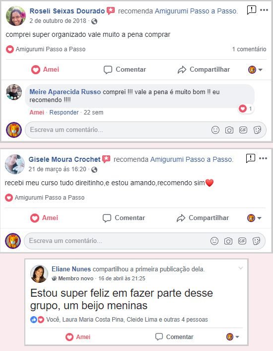 Página de rede social com depoimentos sobre o curso
